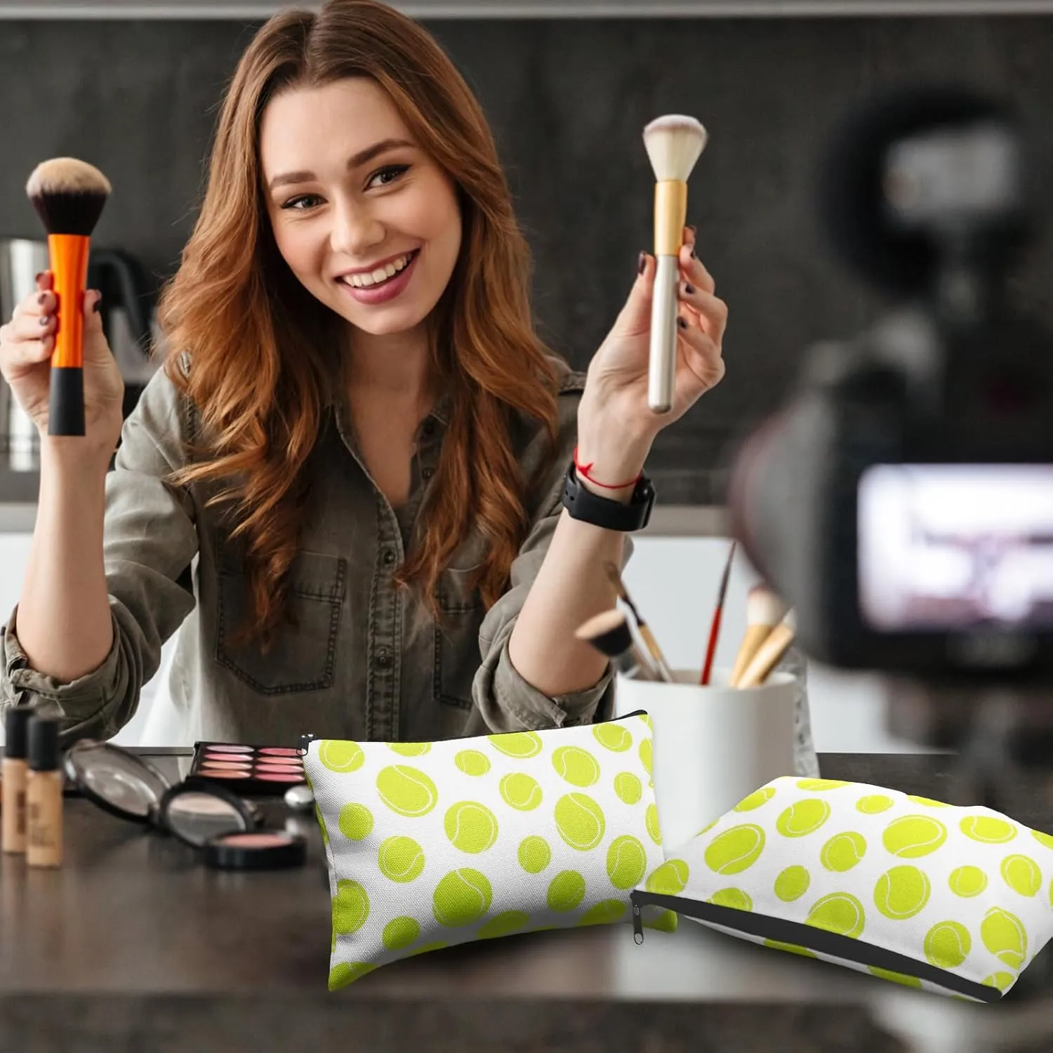 Eccliy 20 Pcs Tennis Makeup Bags Bulk Sport Team Gifts Tennis Cosmetic Bag Accessories for Women Toiletry Zipper Pouch Travel Canvas Gifts Stuff for Party Team Players Lover