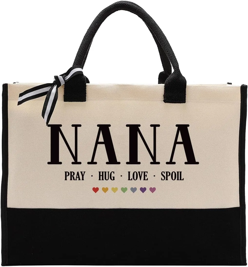 EDCTO Nana Canvas Tote, Cotton Canvas Tote Bag, Nana Canvas Bag for Vocation Travel Weekend Holiday Short Trip, Christian Gift for Nana, Mother's Day Gift, Ideal Nana Gift, Pray Hug Love Spoil, White