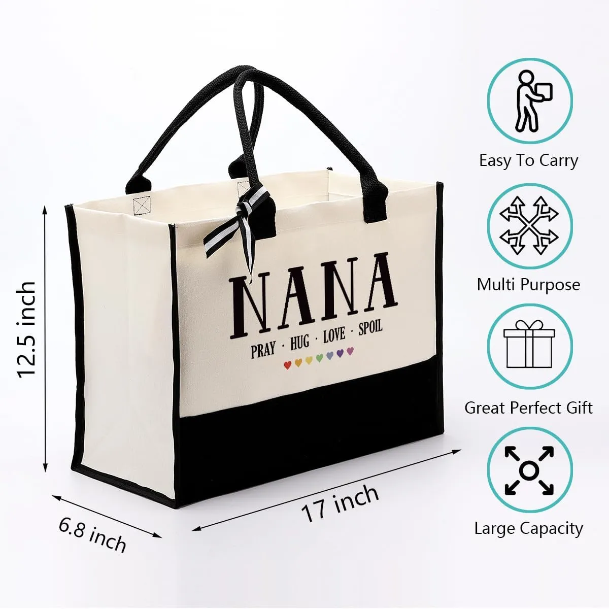 EDCTO Nana Canvas Tote, Cotton Canvas Tote Bag, Nana Canvas Bag for Vocation Travel Weekend Holiday Short Trip, Christian Gift for Nana, Mother's Day Gift, Ideal Nana Gift, Pray Hug Love Spoil, White