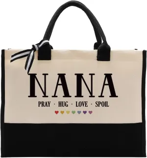 EDCTO Nana Canvas Tote, Cotton Canvas Tote Bag, Nana Canvas Bag for Vocation Travel Weekend Holiday Short Trip, Christian Gift for Nana, Mother's Day Gift, Ideal Nana Gift, Pray Hug Love Spoil, White