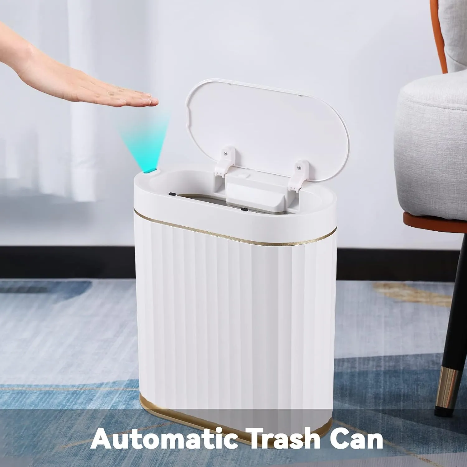 ELPHECO Automatic Motion Sensor Trash Can - 2 Gallon Slimline for Bathroom, Bedroom, Kitchen, Office - White with Gold Trim