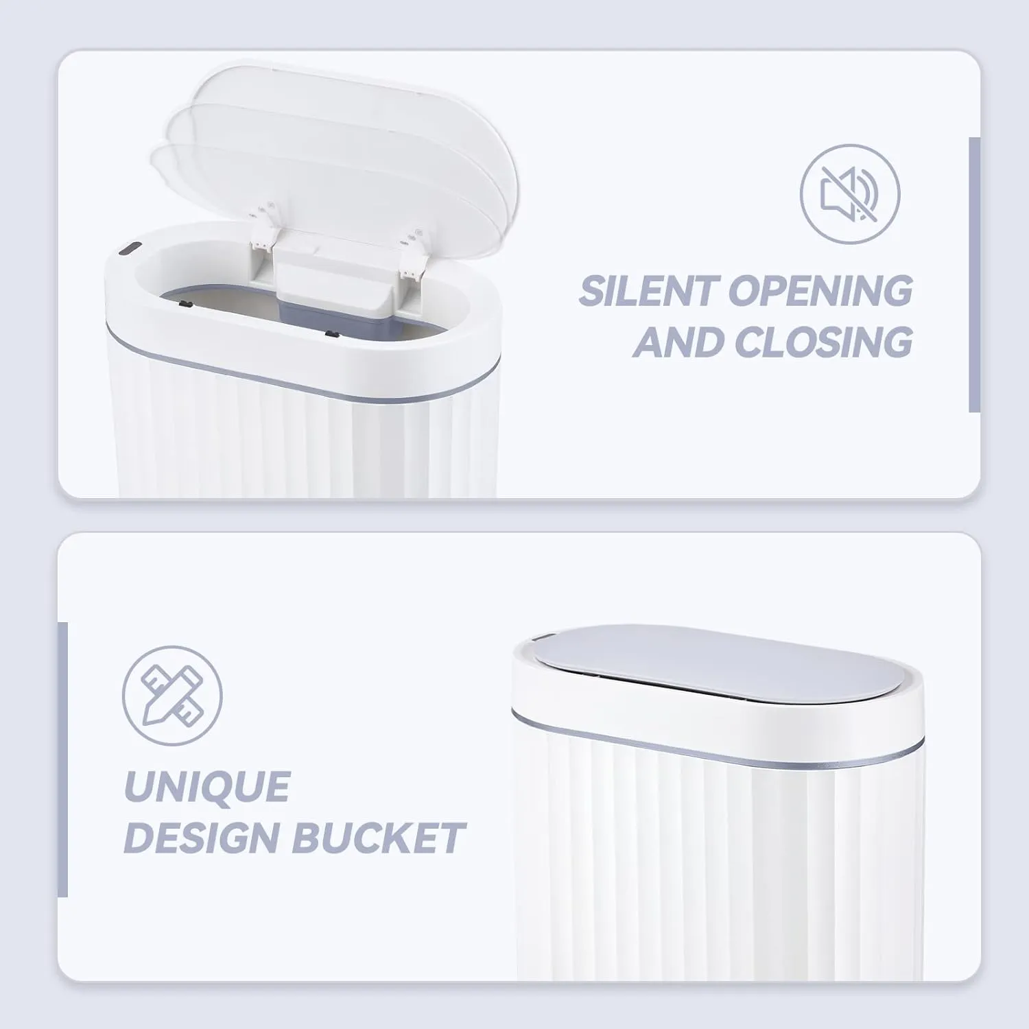 ELPHECO Bathroom Motion Sensor Trash can 2 Gallon Automatic Garbage Can, Slim Plastic Smart Trash Can with Lid, Commercial Intelligent Trash Bin for Bedroom, Bathroom, Office, White with Grey Trim