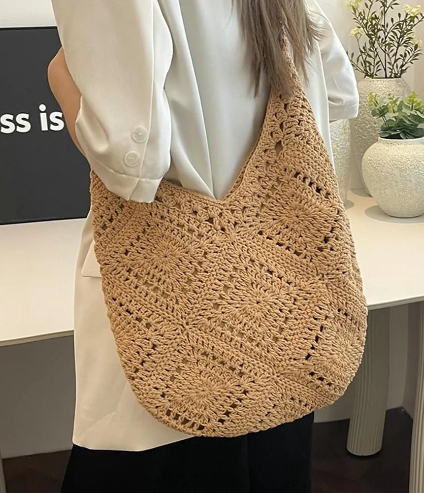 Epsion 2025 Women's Woven Tote Bag Handbag Summer Straw Flower Shoulder Bag Hobo Purse Travel