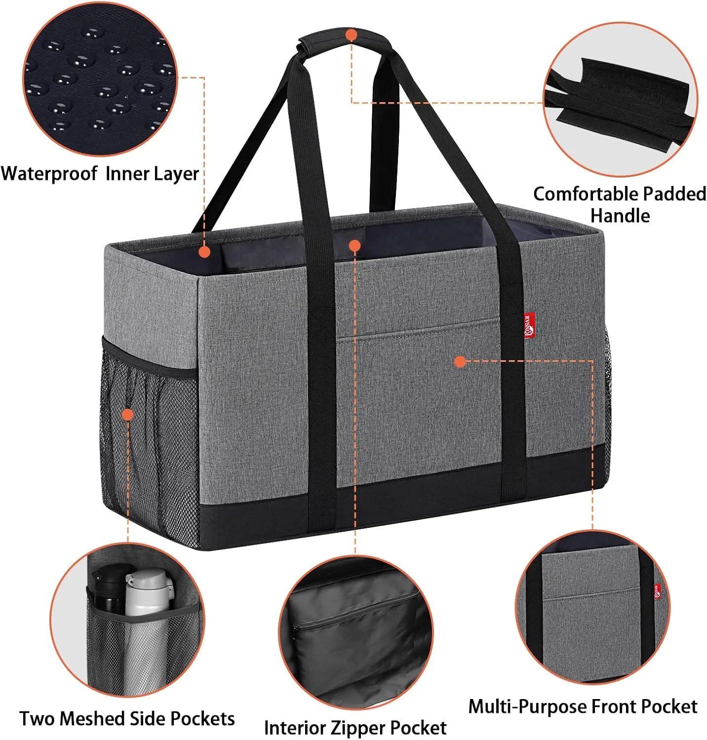 Extra Large Utility Tote Bag, Foldable Reusable Grocery Bags with Metal Wire Frame & Reinforced Bottom Board, Stand Up Large Utility Tote for Shopping, Beach Bag, Laundry, Car (Grey)