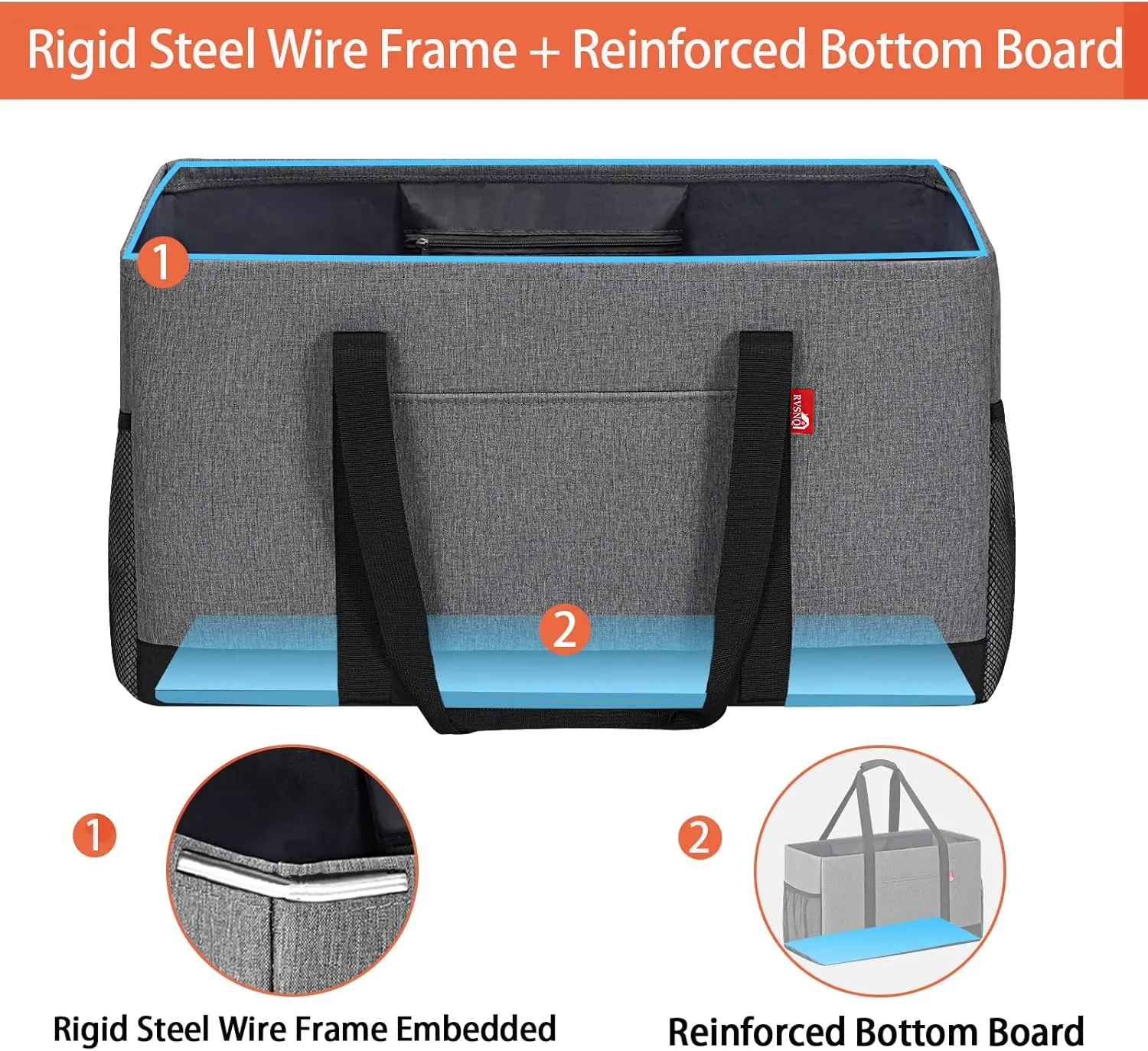 Extra Large Utility Tote Bag, Foldable Reusable Grocery Bags with Metal Wire Frame & Reinforced Bottom Board, Stand Up Large Utility Tote for Shopping, Beach Bag, Laundry, Car (Grey)