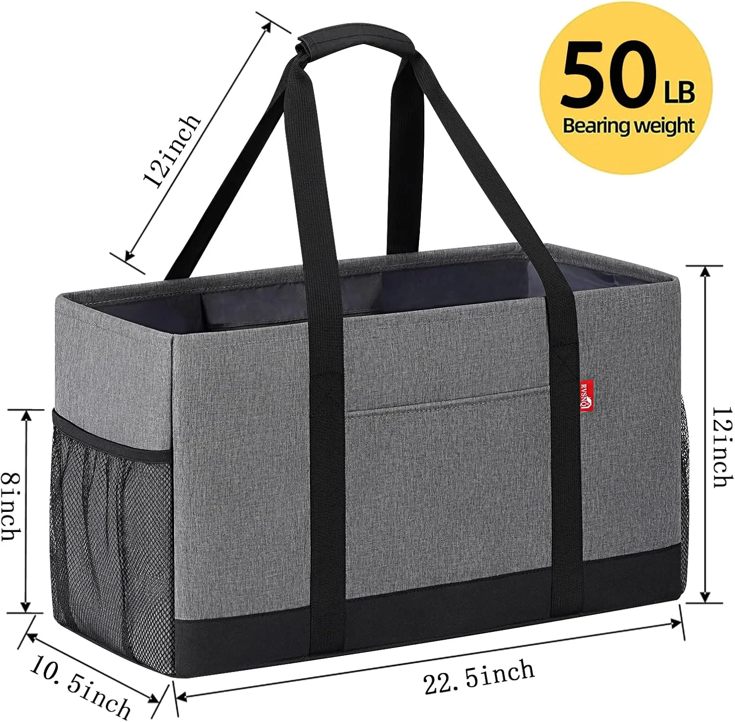 Extra Large Utility Tote Bag, Foldable Reusable Grocery Bags with Metal Wire Frame & Reinforced Bottom Board, Stand Up Large Utility Tote for Shopping, Beach Bag, Laundry, Car (Grey)
