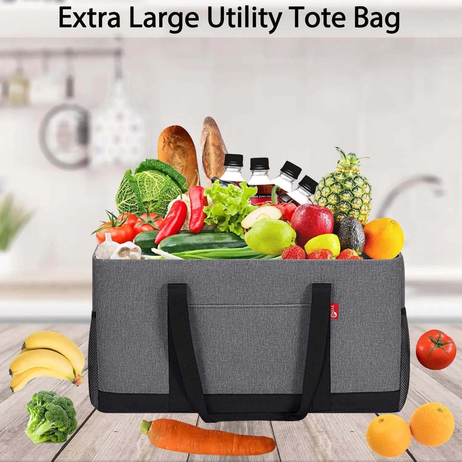Extra Large Utility Tote Bag, Foldable Reusable Grocery Bags with Metal Wire Frame & Reinforced Bottom Board, Stand Up Large Utility Tote for Shopping, Beach Bag, Laundry, Car (Grey)