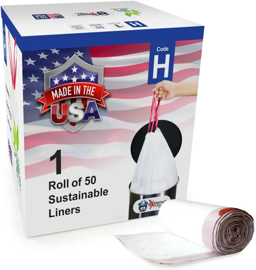 Extreme Consumer Products Trash Bags Compatible With Simplehuman Code H - 1 Refill Roll (50 Count), Durable Custom Fit Plastic Trash Bags w/Drawstring - 30-35 Liter/ 8-9 Gallon Trash Cans - Made in