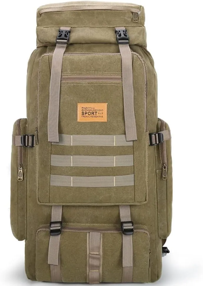 Eysee Backpack, Canvas Trekking Backpack, Camping Hiking Backpack for Men, Khaki, 80L