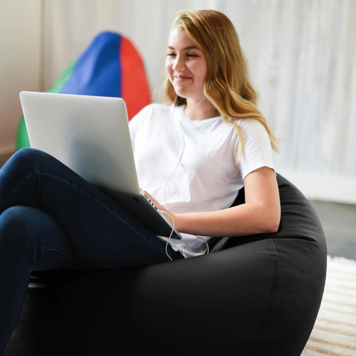 Factory Direct Partners 10478-BK SoftScape Classic 35" Junior Bean Bag Chair, Furniture for Kids, Libraries or Home - Black