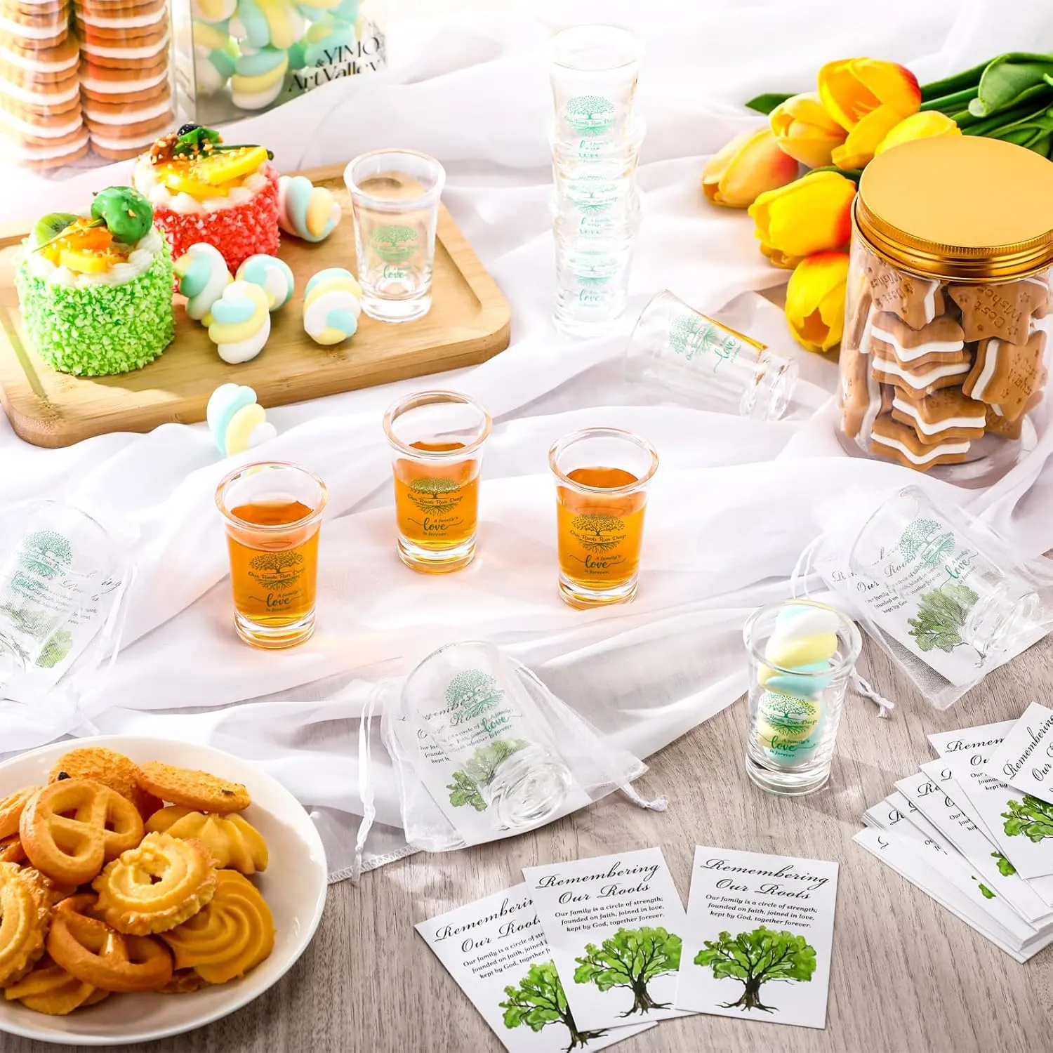 Family Reunion Gifts Acrylic Plastic Shot Clear Glasses with Inspirational Card Organza Bag Family Tree Party Souvenirs Family Reunion Favors for Families (60set)