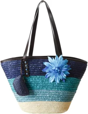 Fashion Women Girls Hand-Woven Summer Beach Big Tote Straw Bag Handbag Big Flower Shoulder Bag with Cute Purse (Blue)