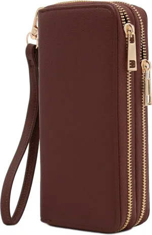 FashionPuzzle Double Zip Around PU Leather Wristlet Cell Phone Wallet