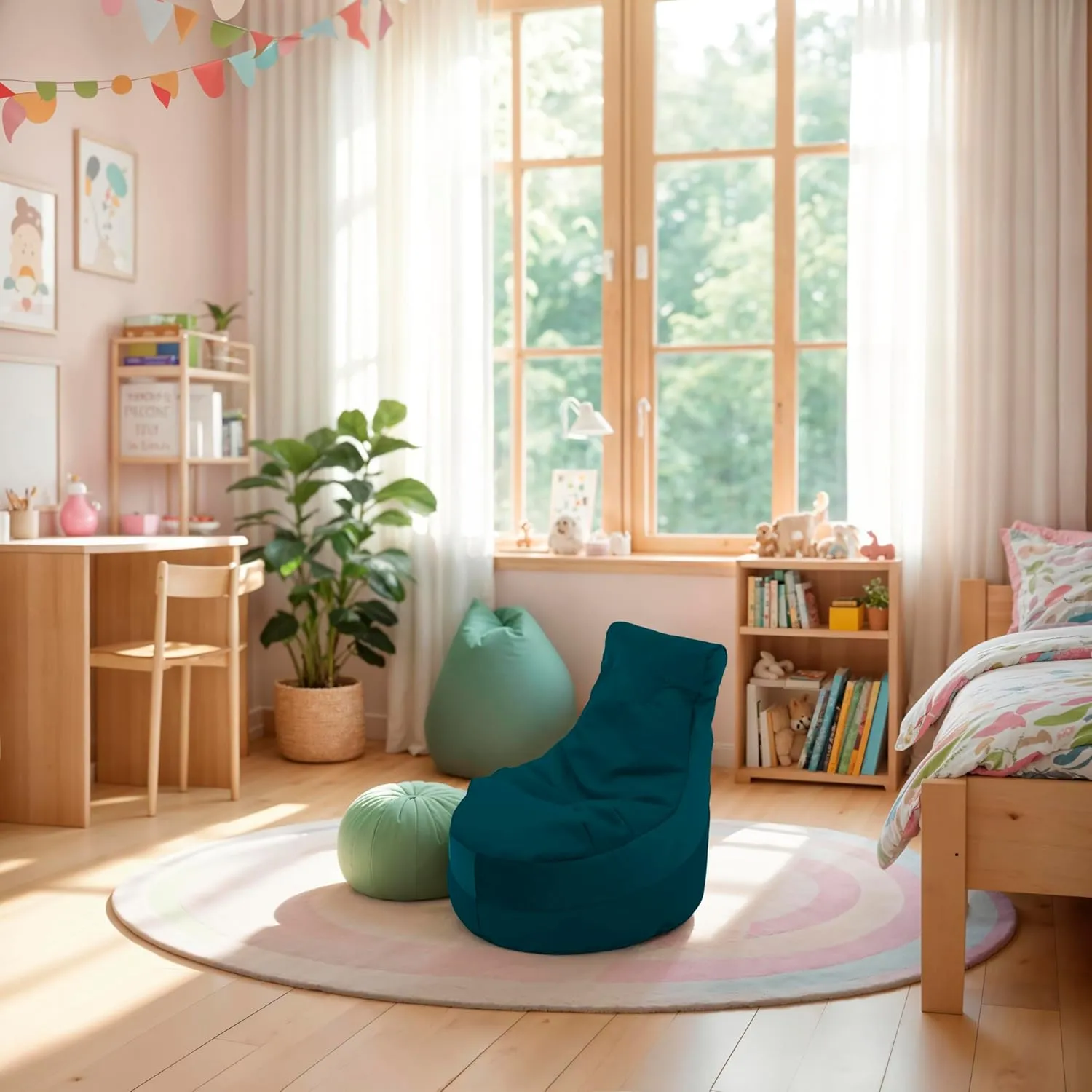 FDP Velvet and Vinyl Trendy Bean Bag, Children's Furniture for Bedroom, Playroom, Daycare, Preschool or Classroom, 2-Pack - Peacock