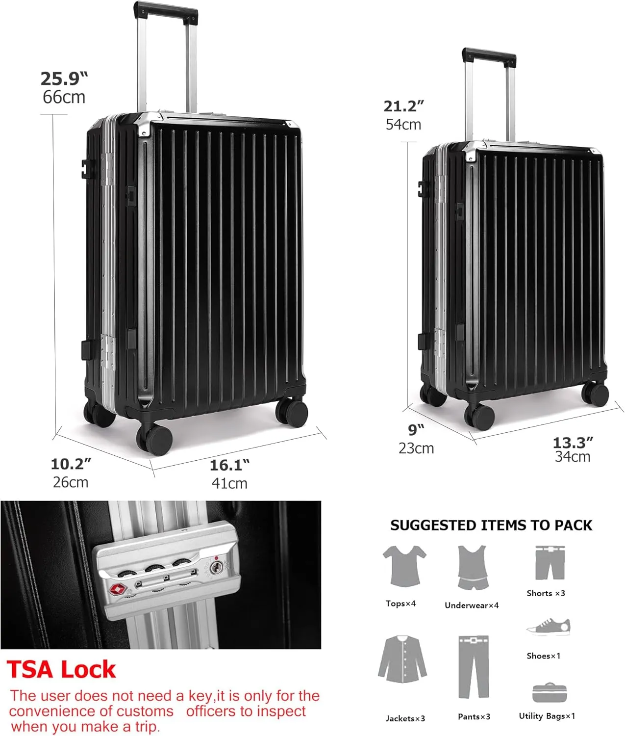 feilario 2 Piece Set Luggage 20in/24in Aluminium Frame PC ABS Zipperless Luggage Hardshell TSA Lock Spinner Wheels Carry on Suitcase with Cup Holder & Hook