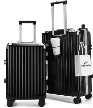 feilario 2 Piece Set Luggage 20in/24in Aluminium Frame PC ABS Zipperless Luggage Hardshell TSA Lock Spinner Wheels Carry on Suitcase with Cup Holder & Hook