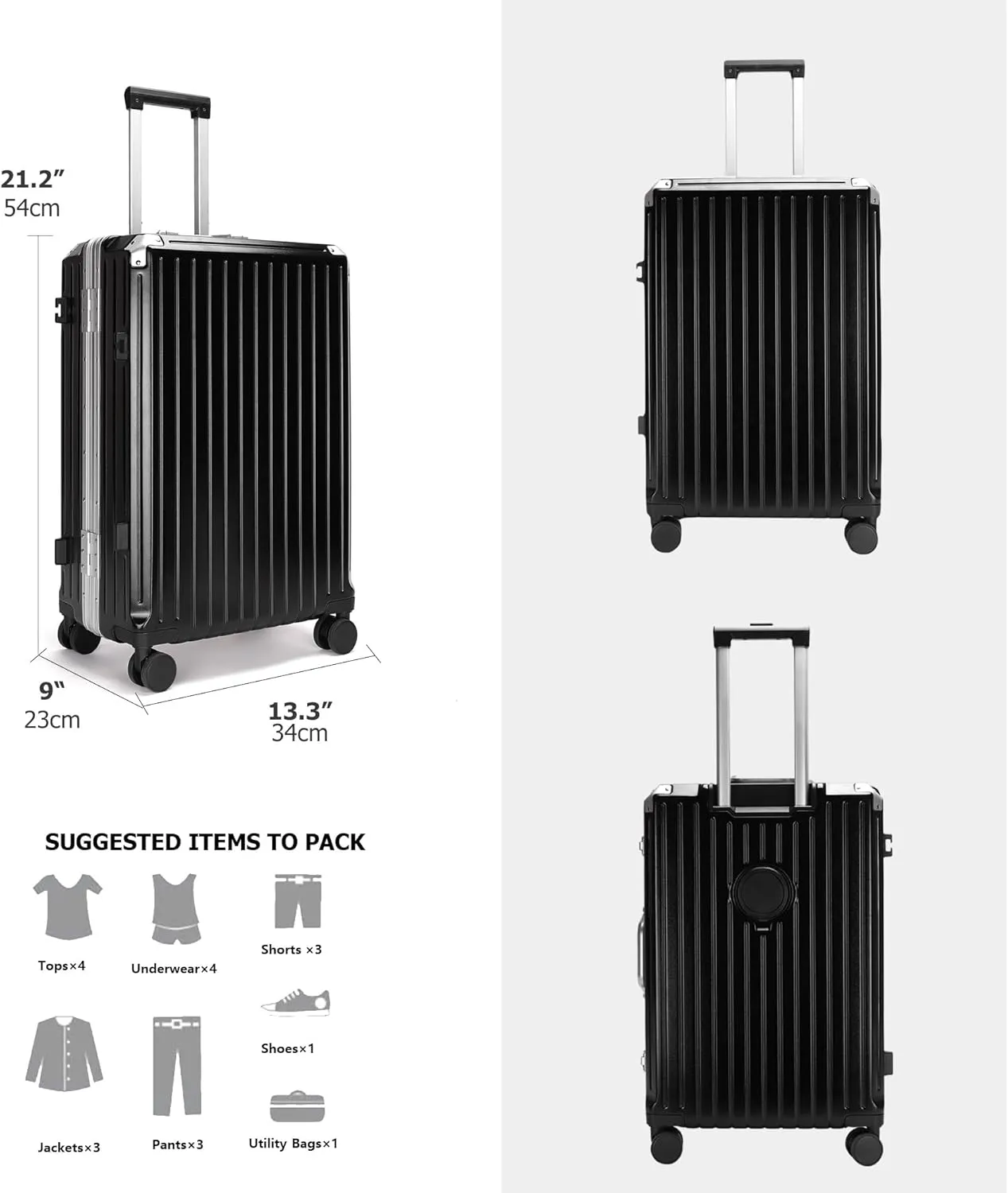 feilario 20in Aluminium Frame PC ABS Zipperless Luggage Hardshell TSA Lock Spinner Wheels Carry on Suitcase with Cup Holder & Hook