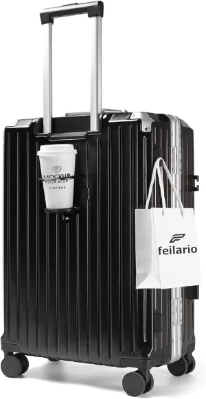 feilario 20in Aluminium Frame PC ABS Zipperless Luggage Hardshell TSA Lock Spinner Wheels Carry on Suitcase with Cup Holder & Hook