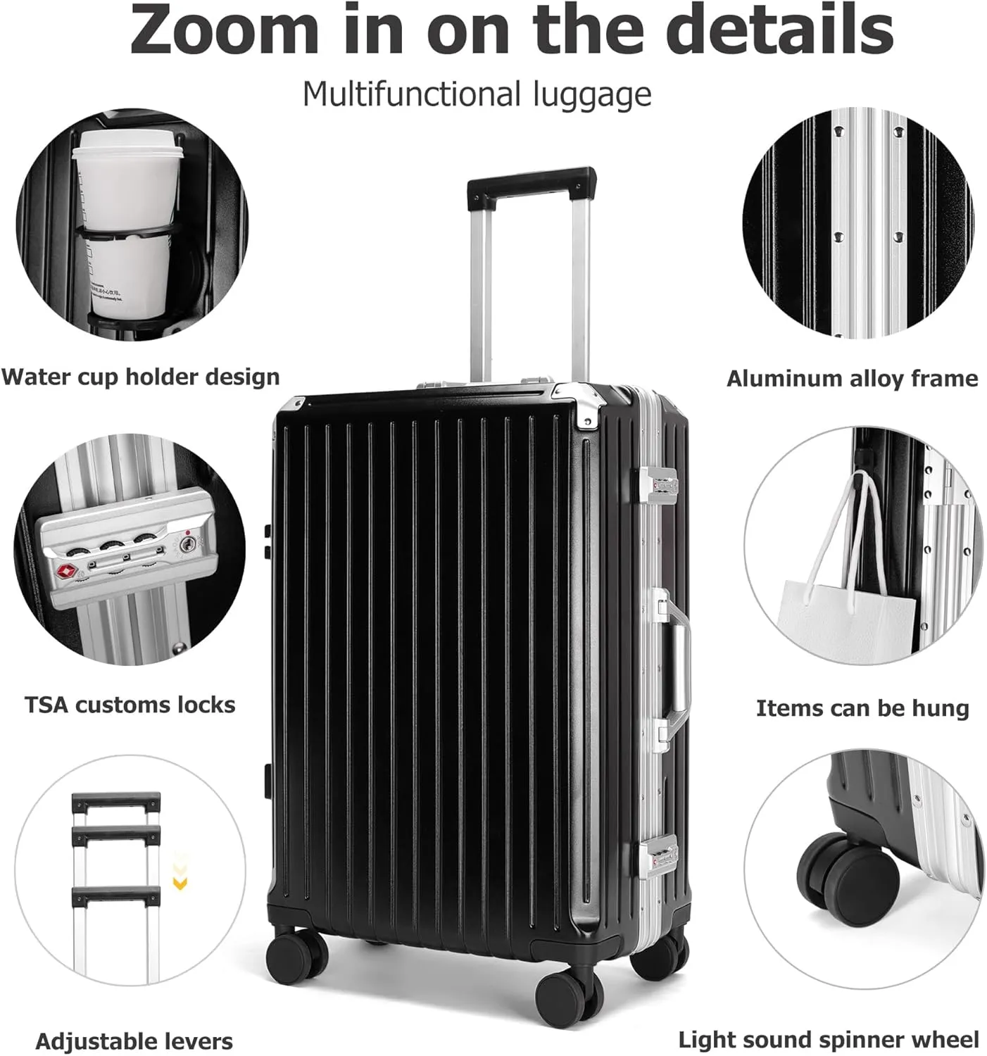 feilario 20in Aluminium Frame PC ABS Zipperless Luggage Hardshell TSA Lock Spinner Wheels Carry on Suitcase with Cup Holder & Hook