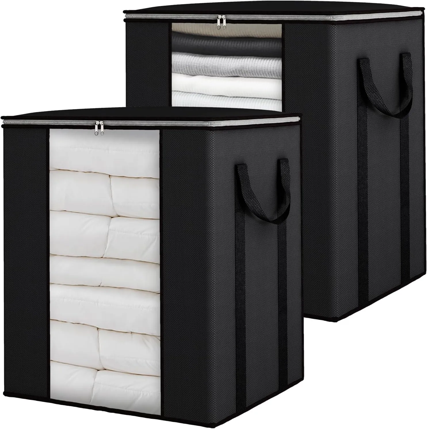 Fixwal Blanket Storage Bags with Zipper Large Storage Bins with Lids 120L 2 Pack Comforter Storage Bags with Reinforced Handles Clothes Storage Containers for King Comforter Bedding Pillow Sheet Black