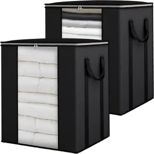 Fixwal Blanket Storage Bags with Zipper Large Storage Bins with Lids 120L 2 Pack Comforter Storage Bags with Reinforced Handles Clothes Storage Containers for King Comforter Bedding Pillow Sheet Black