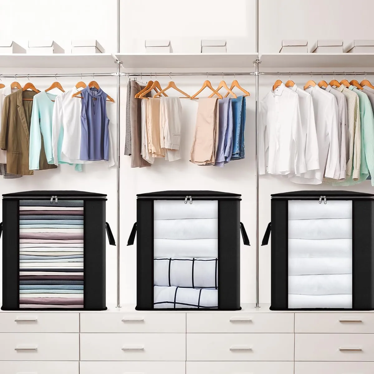 Fixwal Blanket Storage Bags with Zipper Large Storage Bins with Lids 120L 2 Pack Comforter Storage Bags with Reinforced Handles Clothes Storage Containers for King Comforter Bedding Pillow Sheet Black