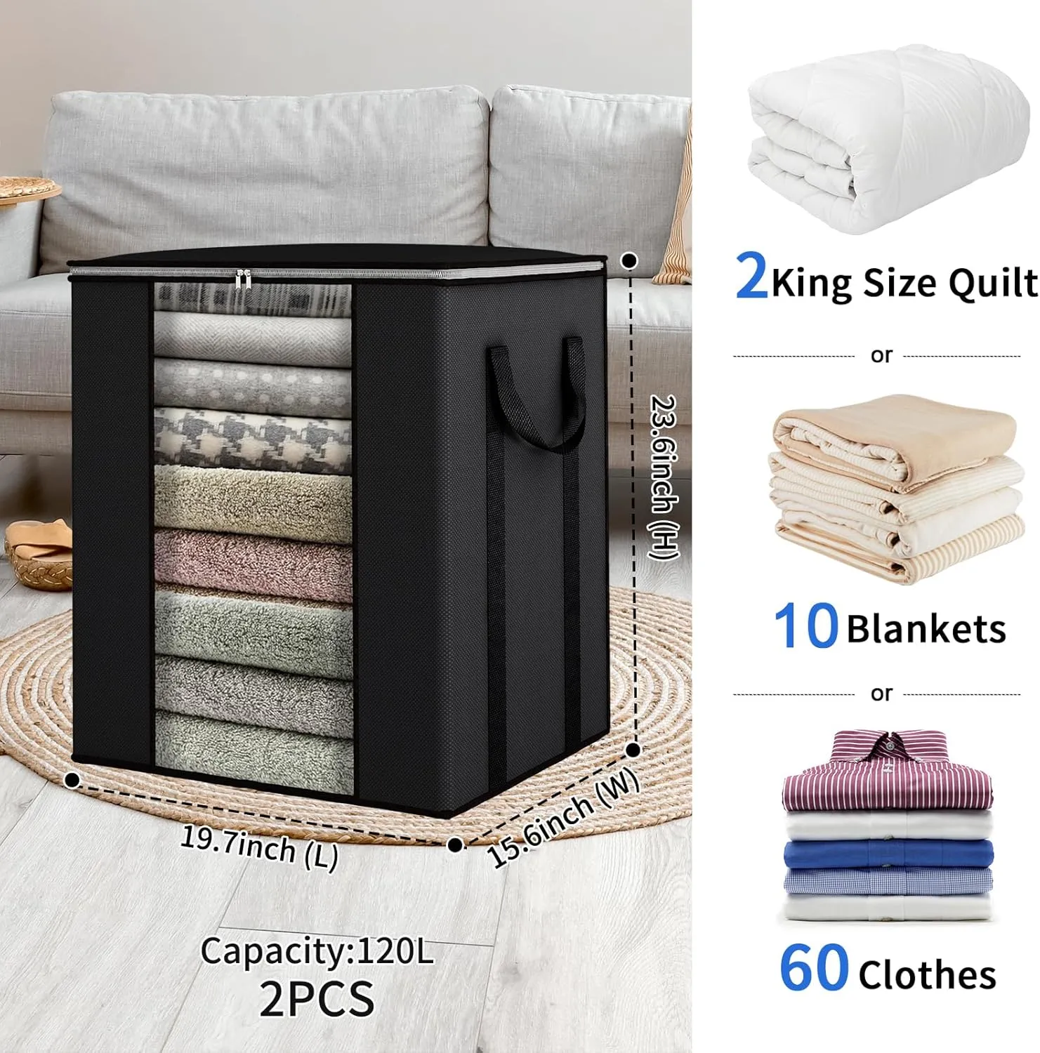 Fixwal Blanket Storage Bags with Zipper Large Storage Bins with Lids 120L 2 Pack Comforter Storage Bags with Reinforced Handles Clothes Storage Containers for King Comforter Bedding Pillow Sheet Black