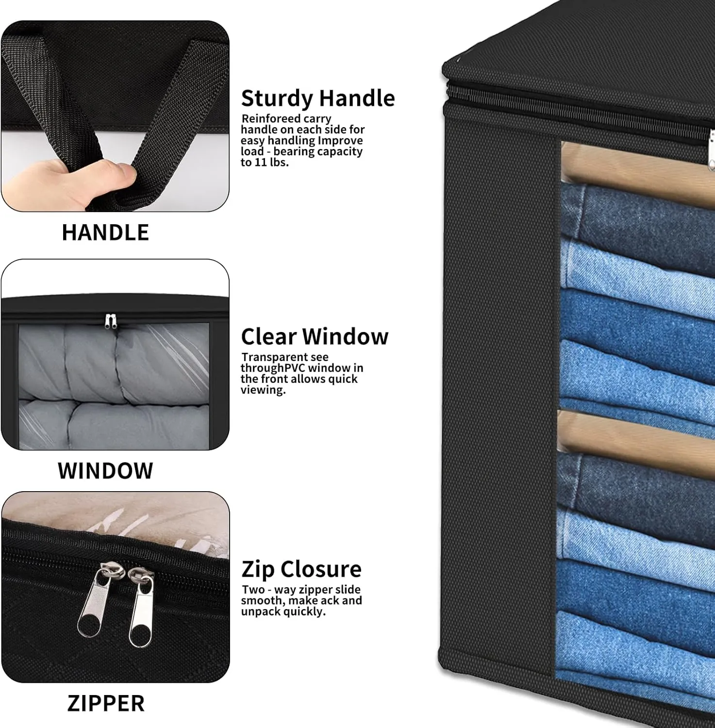 Fixwal Blanket Storage Bags with Zipper Large Storage Bins with Lids 120L 2 Pack Comforter Storage Bags with Reinforced Handles Clothes Storage Containers for King Comforter Bedding Pillow Sheet Black