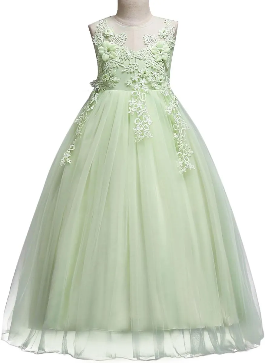 Flower Girls Vintage Lace Maxi Bridesmaid Dress Princess Birthday Wedding Party Tulle Pegeant Evening Formal Prom Dance Gown