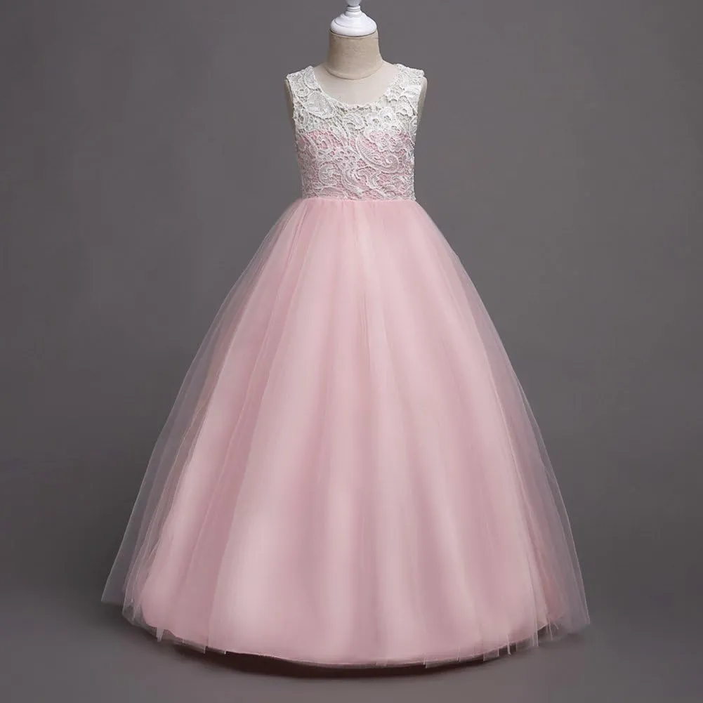 Flower Girls Vintage Lace Maxi Bridesmaid Dress Princess Birthday Wedding Party Tulle Pegeant Evening Formal Prom Dance Gown