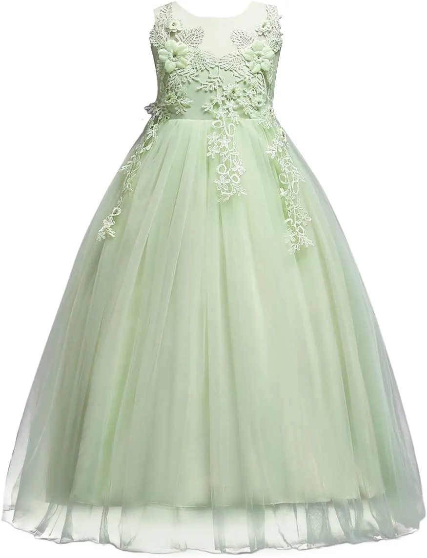Flower Girls Vintage Lace Maxi Bridesmaid Dress Princess Birthday Wedding Party Tulle Pegeant Evening Formal Prom Dance Gown