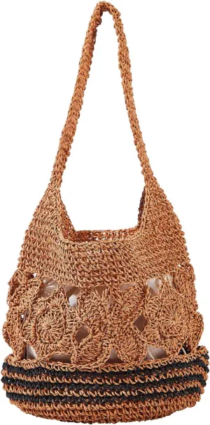 Flower Pearls Rattan Tote Bag Summer Beach Drawstring Straw Bucket Bag Diamonds Woven Handbag