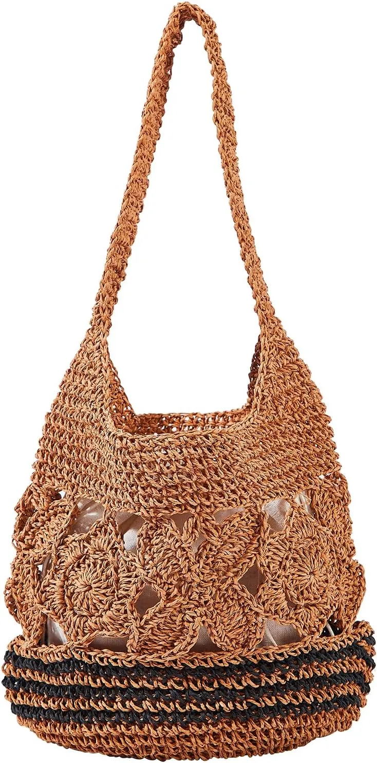 Flower Pearls Rattan Tote Bag Summer Beach Drawstring Straw Bucket Bag Diamonds Woven Handbag