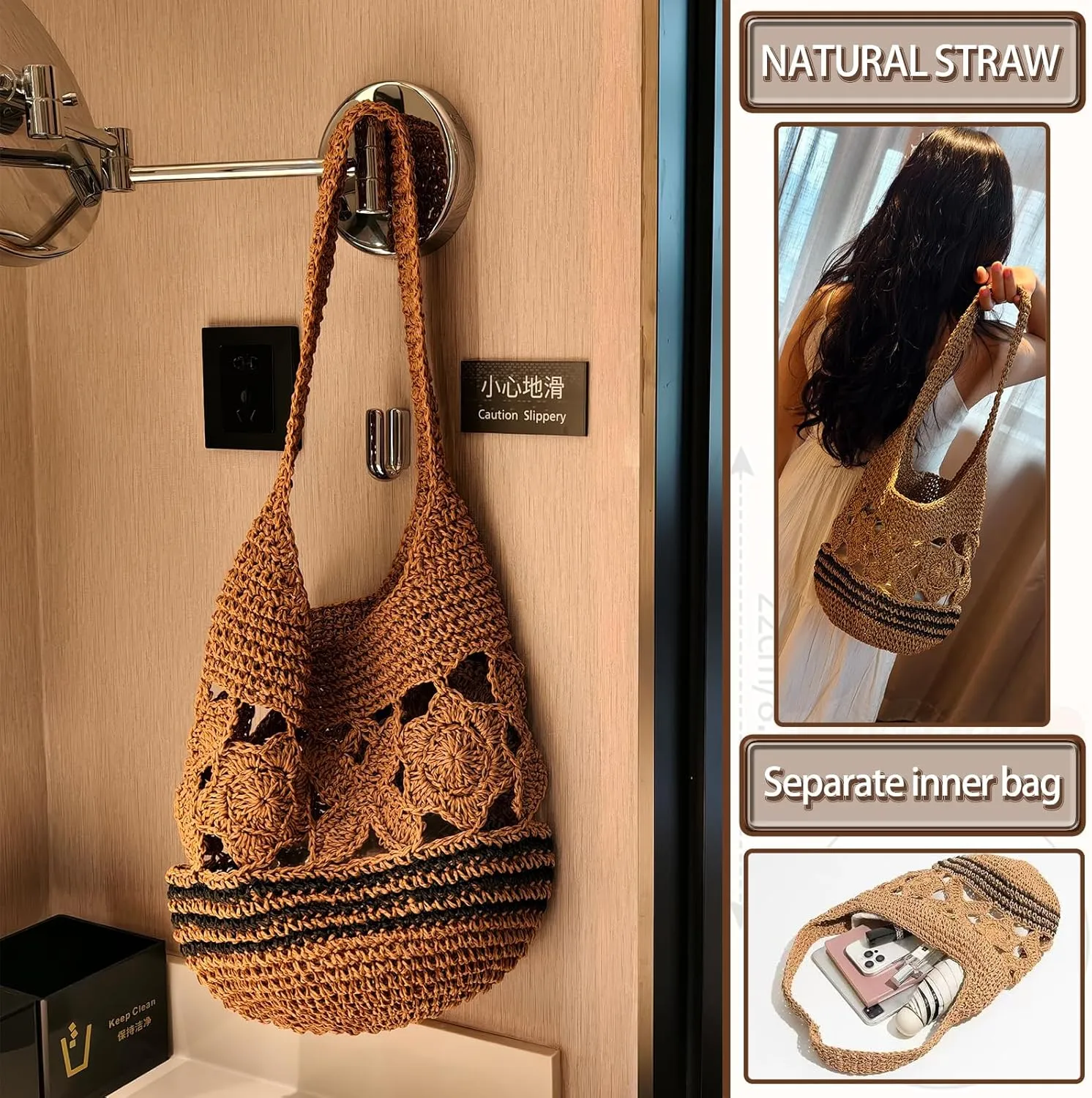 Flower Pearls Rattan Tote Bag Summer Beach Drawstring Straw Bucket Bag Diamonds Woven Handbag