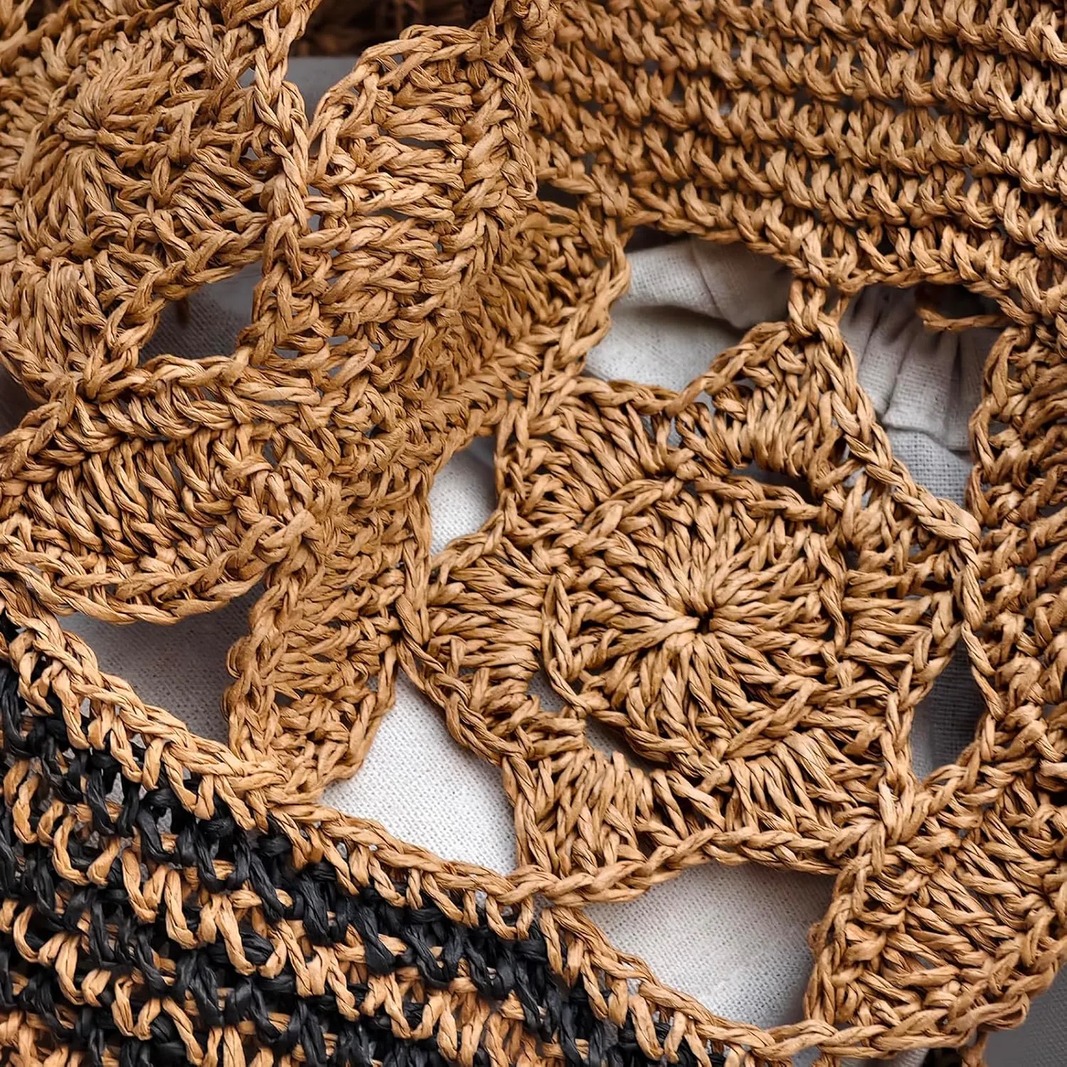 Flower Pearls Rattan Tote Bag Summer Beach Drawstring Straw Bucket Bag Diamonds Woven Handbag