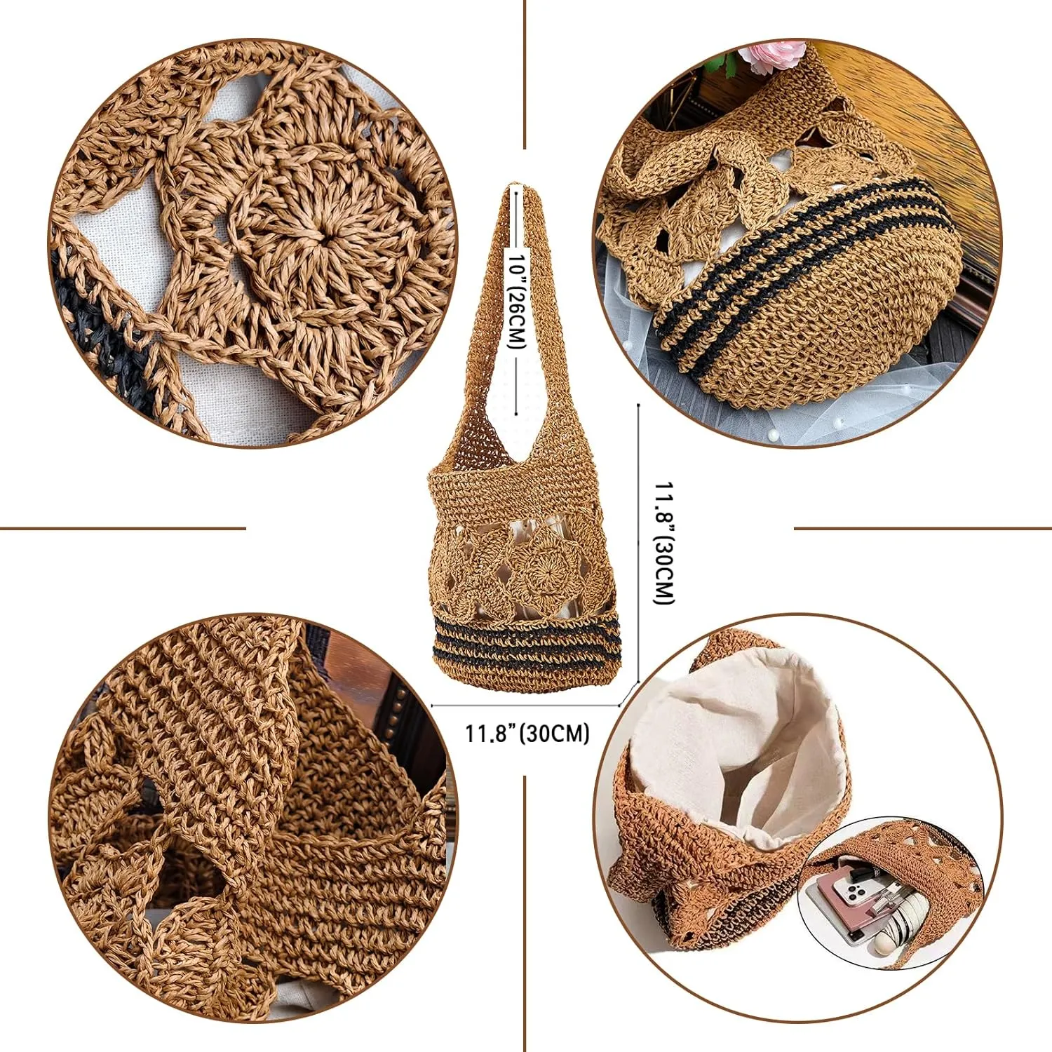 Flower Pearls Rattan Tote Bag Summer Beach Drawstring Straw Bucket Bag Diamonds Woven Handbag