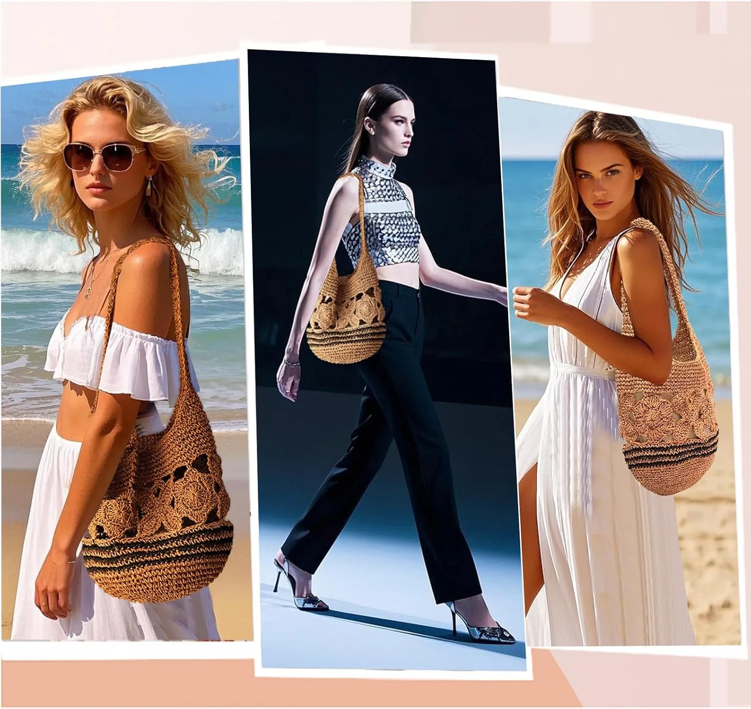 Flower Pearls Rattan Tote Bag Summer Beach Drawstring Straw Bucket Bag Diamonds Woven Handbag