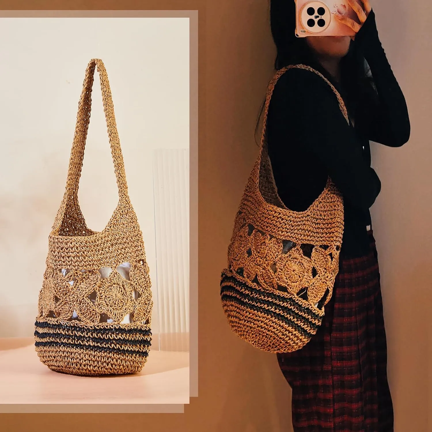 Flower Pearls Rattan Tote Bag Summer Beach Drawstring Straw Bucket Bag Diamonds Woven Handbag