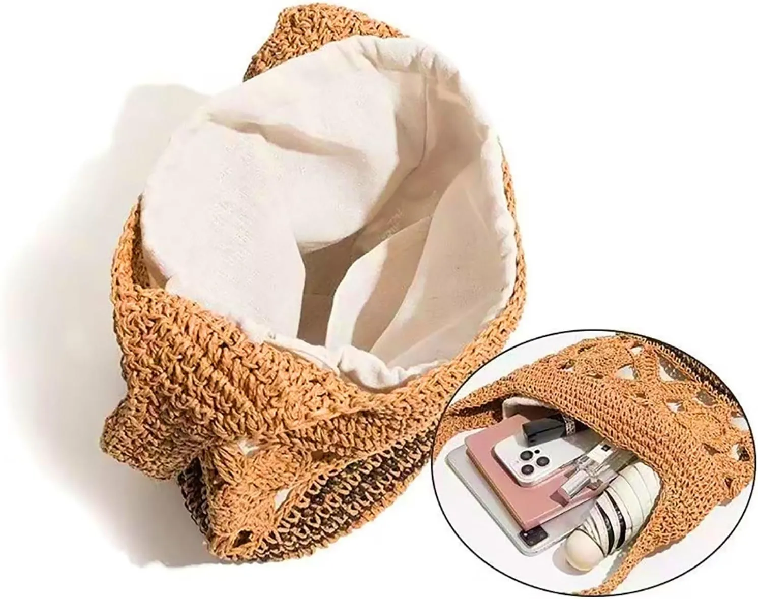 Flower Pearls Rattan Tote Bag Summer Beach Drawstring Straw Bucket Bag Diamonds Woven Handbag