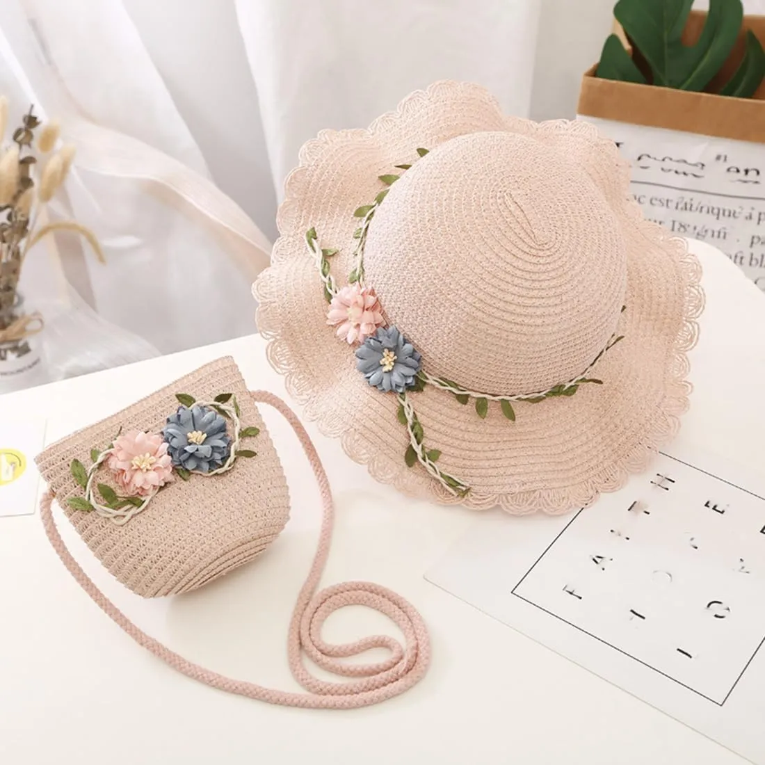 Flower Toddler Girls Straw Sun Hat with Shoulder Bag Set,Summer Wide Brim Beach Sunshade Hat Party Dress Up Kids Hat