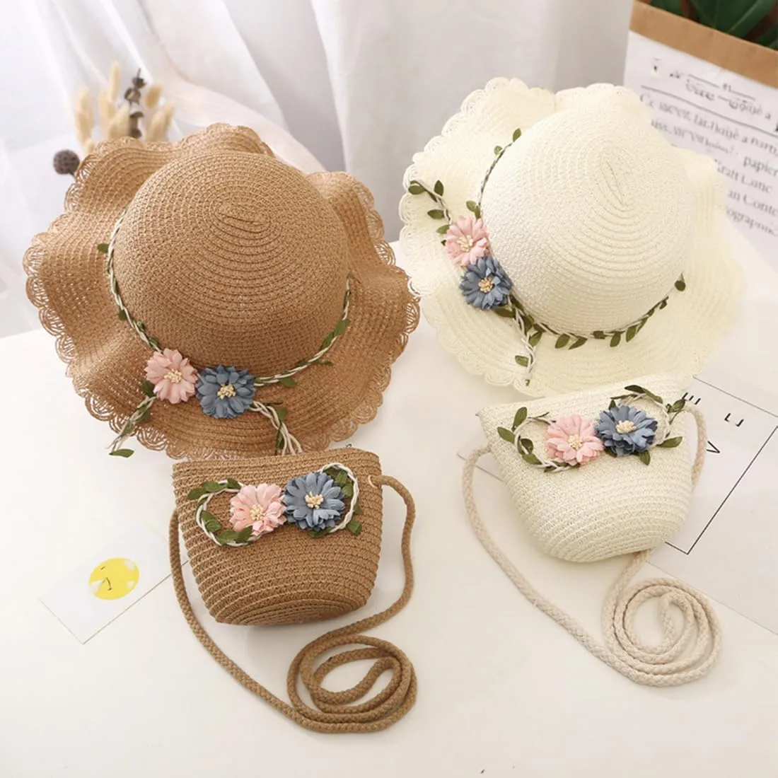Flower Toddler Girls Straw Sun Hat with Shoulder Bag Set,Summer Wide Brim Beach Sunshade Hat Party Dress Up Kids Hat