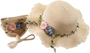 Flower Toddler Girls Straw Sun Hat with Shoulder Bag Set,Summer Wide Brim Beach Sunshade Hat Party Dress Up Kids Hat