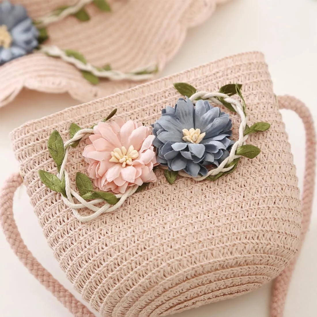 Flower Toddler Girls Straw Sun Hat with Shoulder Bag Set,Summer Wide Brim Beach Sunshade Hat Party Dress Up Kids Hat