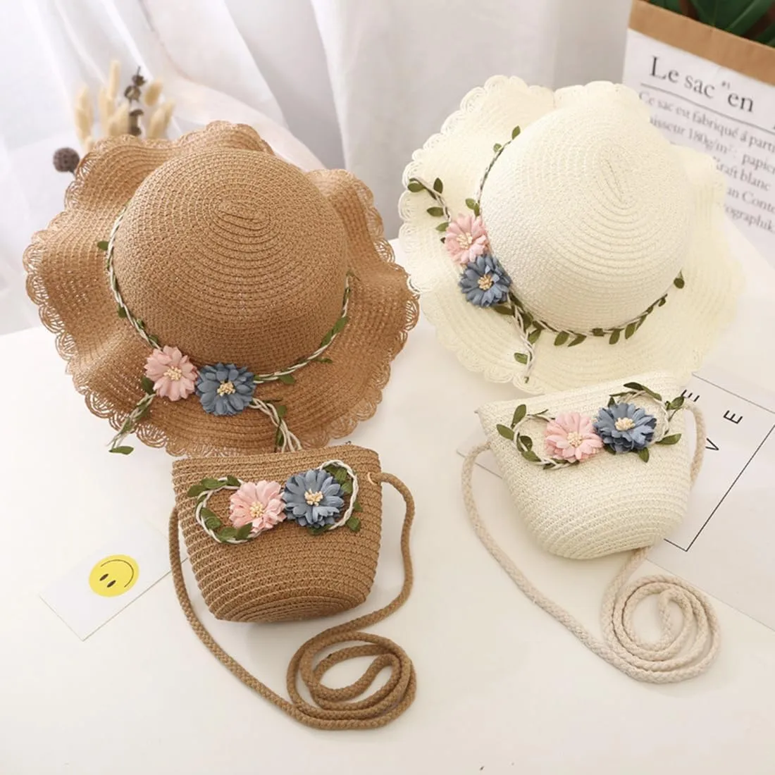 Flower Toddler Girls Straw Sun Hat with Shoulder Bag Set,Summer Wide Brim Beach Sunshade Hat Party Dress Up Kids Hat