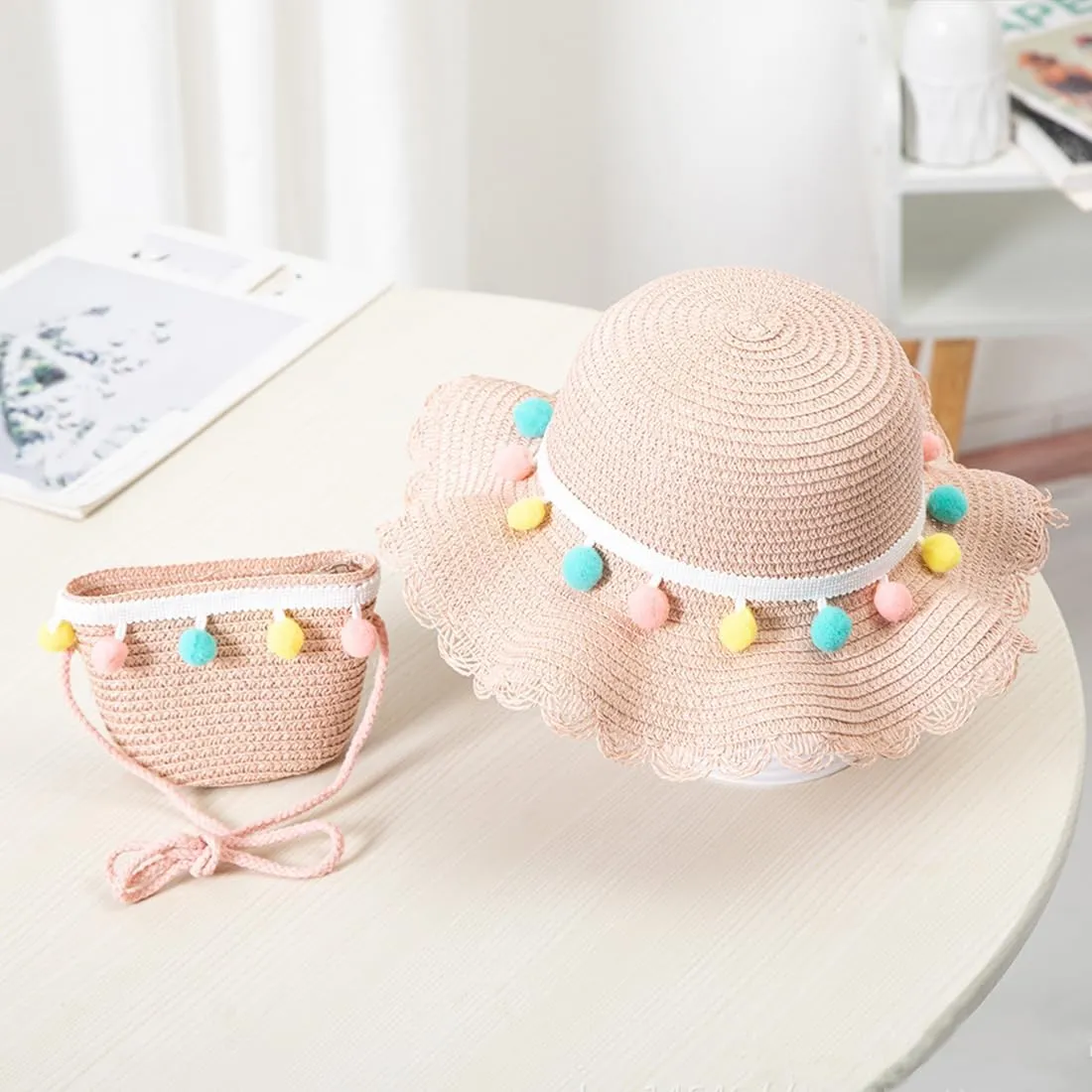 Flower Toddler Girls Straw Sun Hat with Shoulder Bag Set,Summer Wide Brim Beach Sunshade Hat Party Dress Up Kids Hat