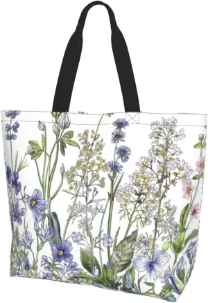 Flowering Herbs and Herbaceous Plants Printed Large Tote Bag for Women Reusable Shopping Cloth Bags Lightweight Shoulder Bags