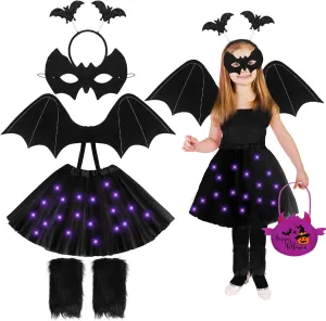 Foaincore 6 Pack Halloween Bat Costume for Kids Girls Bat Wing LED Tutu Skirt Headband Mask Handbag Black Boot Cover