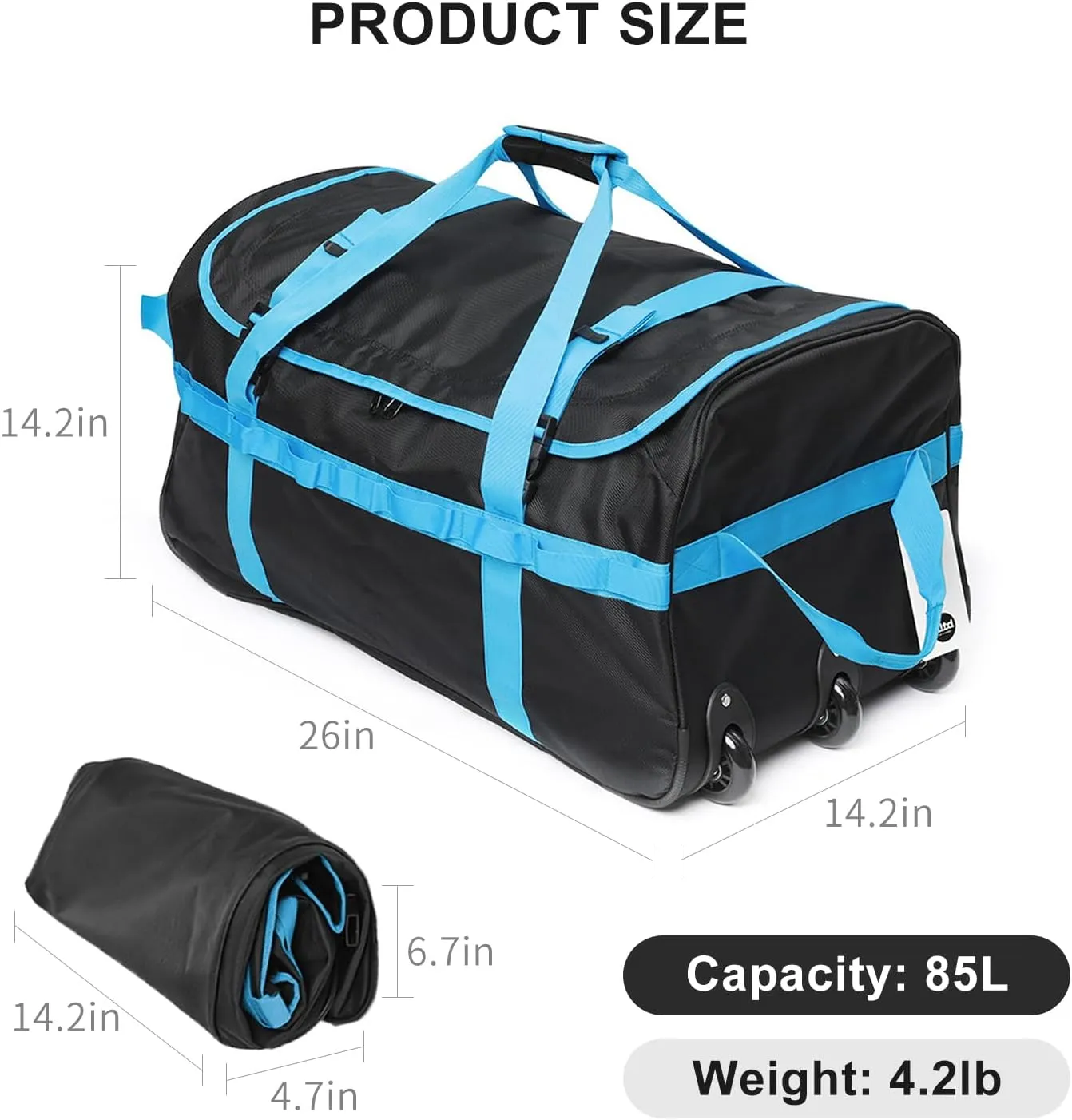 Foldable Duffel Bag with 3 Wheels.85L Rolling Duffle Bag Luggage Suitcase Outdoor Sports Carry On Garment Bags for Travel Camp (Black)
