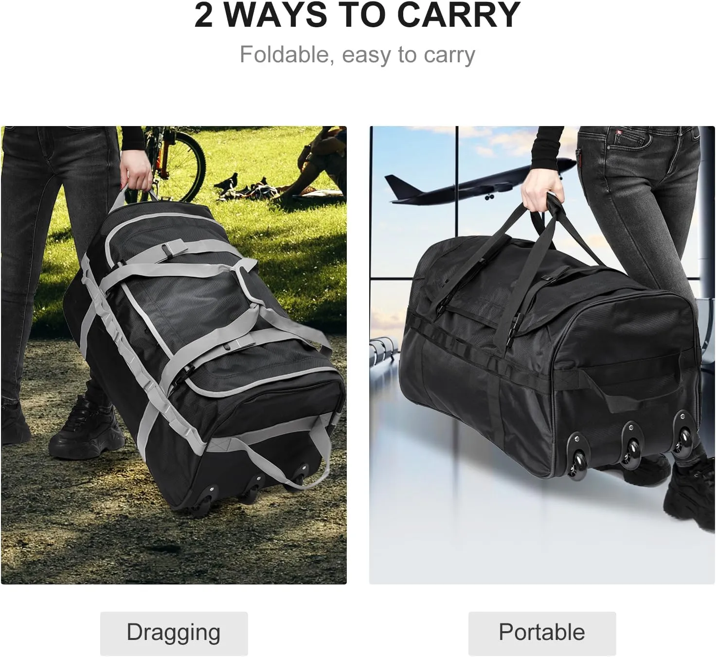 Foldable Duffel Bag with 3 Wheels.85L Rolling Duffle Bag Luggage Suitcase Outdoor Sports Carry On Garment Bags for Travel Camp (Black)