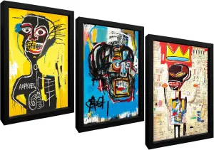 Framed Basquiat Wall Art, Jean Michel Basquiat Colorful Graffiti Canvas Basquiat Poster for Living Room Bedroom Office Set of 3 12x16in